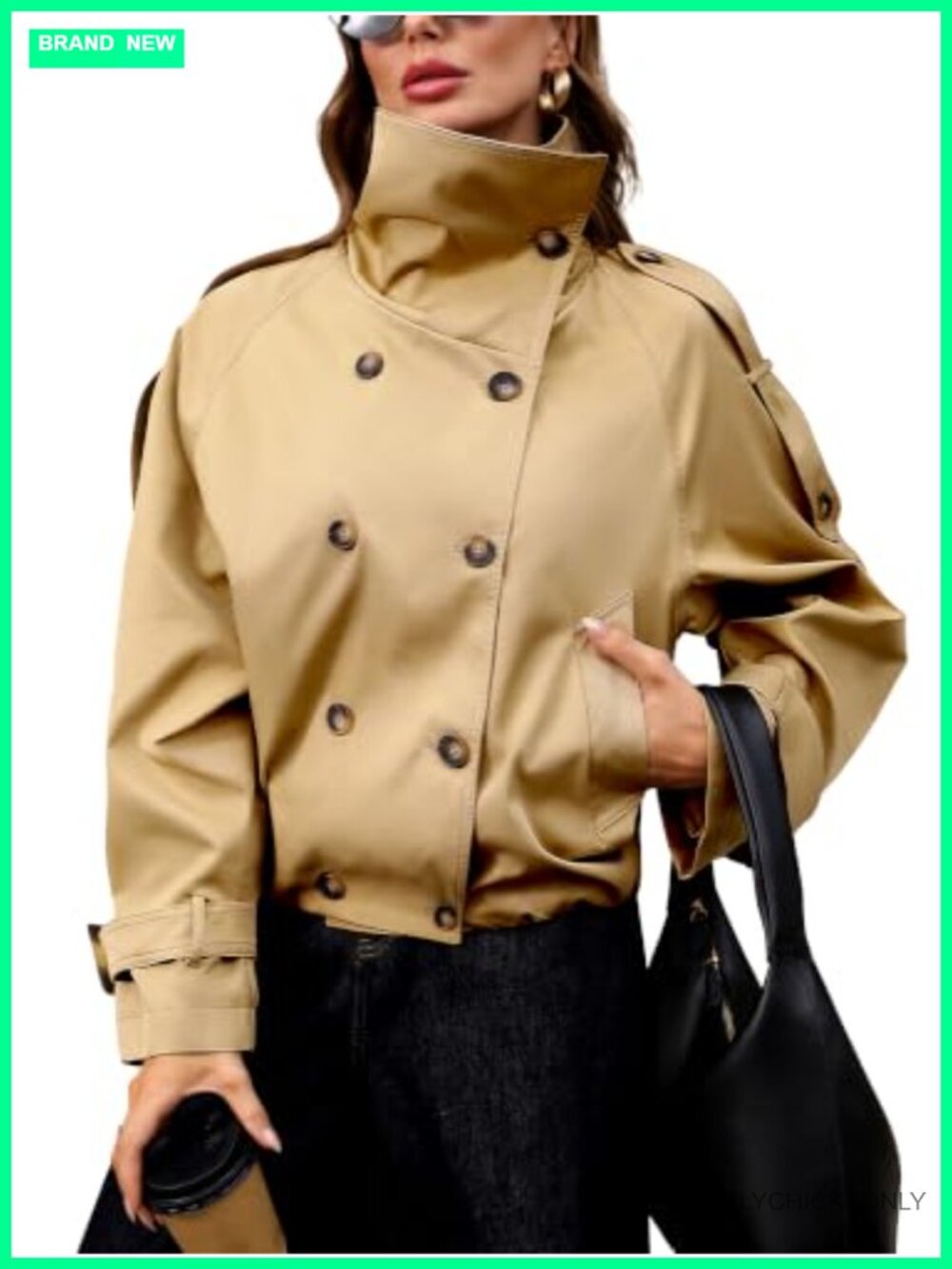 Cropped Trench Coat Women Relaxed Fit Button Front Elastic Hem Outerwear
